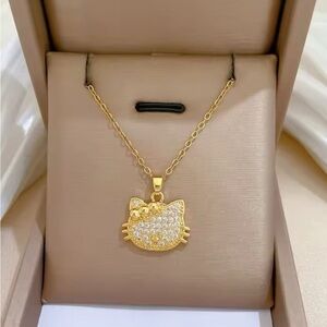 18K Gold Hello Kitty Head W/ Bow Pave Diamond Inlay Pendant Necklace Kawaii